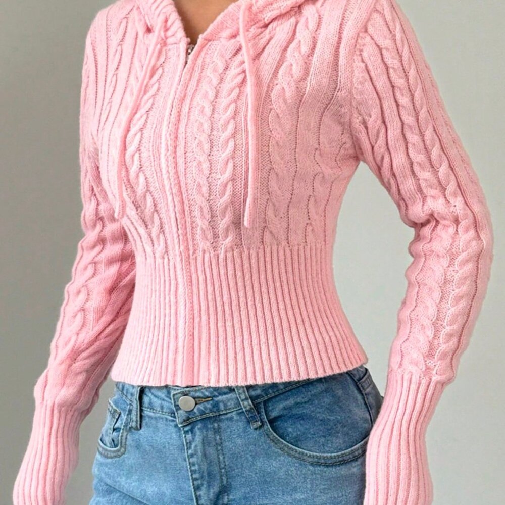Pink Casual Women's Drawstring Hooded Cardigan - Picture 5 of 5